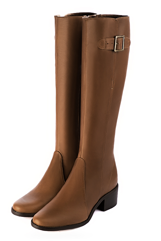 Caramel brown women's knee-high boots with buckles. Round toe. Low leather soles. Made to measure. Front view - Florence KOOIJMAN